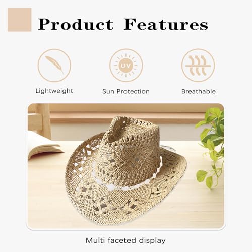 Image of Straw Cowboy Hats for Women Sparkly Western Cowgirl Hat for Holiday Party Foldable Vacation Beach Sun Hat with Wide Brim