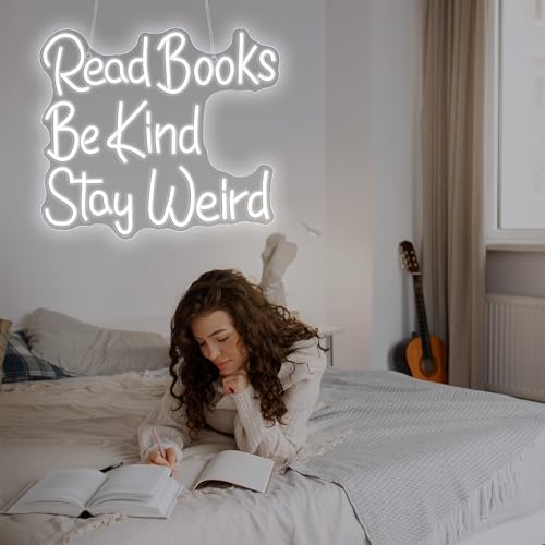 Image of Neon Sign, JGHTURIE Read Books Neon Signs for Wall Decor White Led Lights Signs for Classroom Office Library Bookshop Study Room Decoration USB Powered
