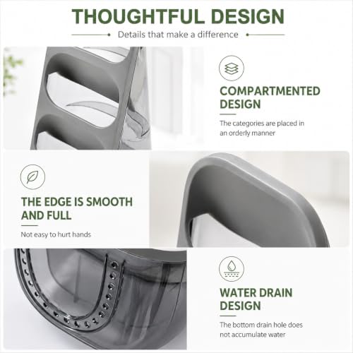 Image of Kitchen Utensil Holder with Drain Tray & Dustproof Cover | 3 Compartment Cutlery Organizer | Self Draining Countertop Storage Rack for Spoons Forks Chopsticks Kitchen Accessories (Grey)