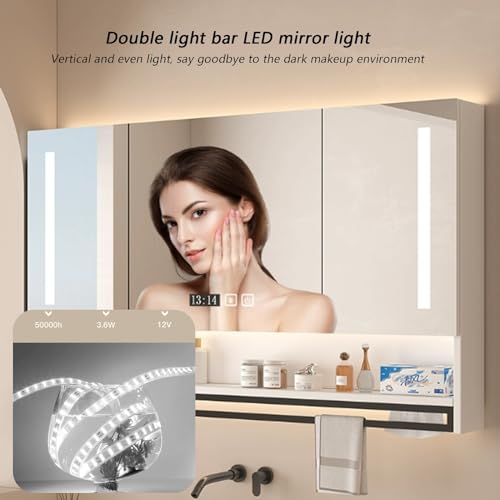 Botiquín para baño con espejo HD y luces LED, montaje en pared, almacenamiento inteligente con desempañador, botiquines iluminados para baño con display de hora y temperatura, soporte para toallas miniatura 5