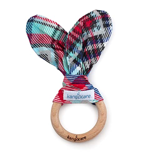 Image of Kanga Care Baby Soft Muslin Sensory Crinkle Bunny Ear Wood Teething Ring - Billy Plaid