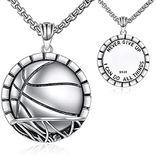 YFN Basketball Necklace Sterling Silver Engraved Never Give Up Basketball Pendant Jewellery Gifts for Women Men Boys Basketball Player