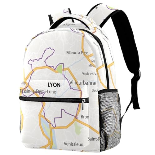 Sac à dos d'école pour adolescentes et voyage avec motif carte de Lyon multicolore