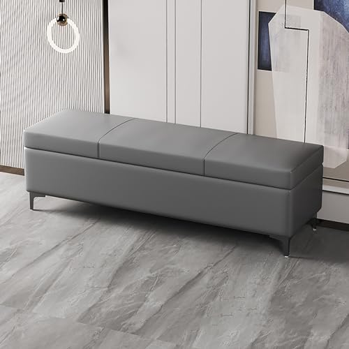 Banc de rangement en cuir gris et bois massif de qualité supérieure - 2