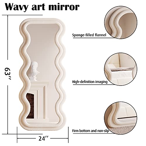 Bojoy Full Length Mirror 63"X24", Irregular Wavy Mirror, Wave Floor Mirror, Wall Mirror Standing Hanging Or Leaning Against Wall For Bedroom, Flannel Wrapped Wooden Frame Mirror-White #TOP4