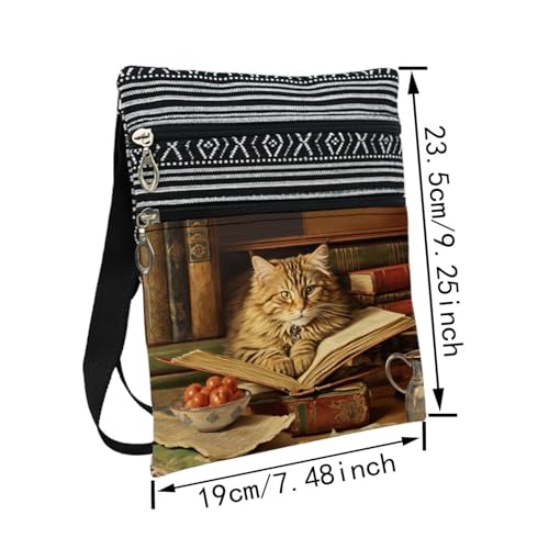 Book Cat Messenger Bag Small Ethnic Pattern Printed Adjustable Strap Crossbody Zipper Bag Book Cat Phone Bag Wallet Cute Shoulder Handbag for Women2