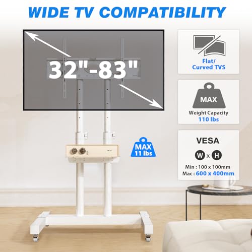 Image of Rfiver Mobile TV Cart Rolling TV Stand for 32-83 Inch Screen Flat /Curved TVs up to 110lbs, Tilt and Height Adjustment Portable TV Stands on Wheel with Laptop Shelf, Outdoor TV Stand MAX VESA 600x400mm