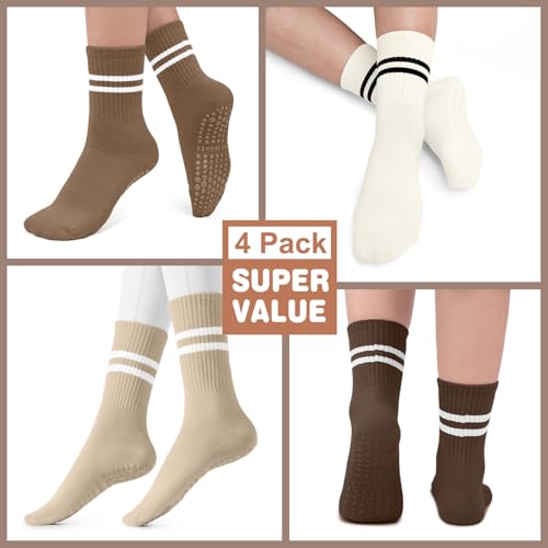 Image of Pilates Socks for Women, Non Slip Grip Socks for Yoga, Barre, Hospital, Grippy Socks Womens Gifts, 4 Pairs