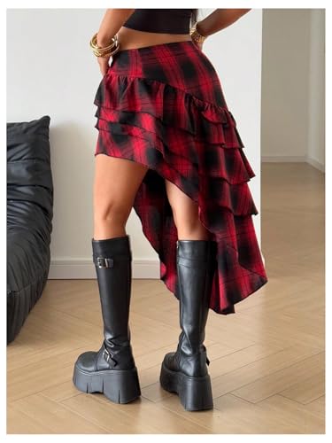 Verdusa Women's Plaid Asymmetrical Skirt Gothic Y2K Punk Layered Ruffle Skirts2