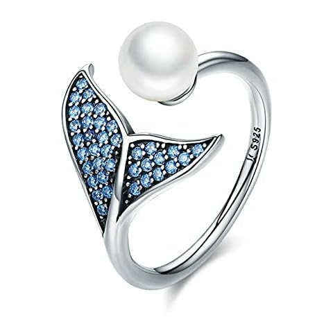 PROJEWE Anillo de Sirena de Plata de Ley 925 Ajustable Abierto con Perla Cover