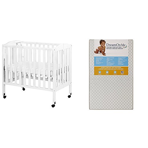 Image of Dream On Me 3 in 1 Portable Folding Stationary Side Crib with Dream On Me 3 Portable Crib Mattress, White