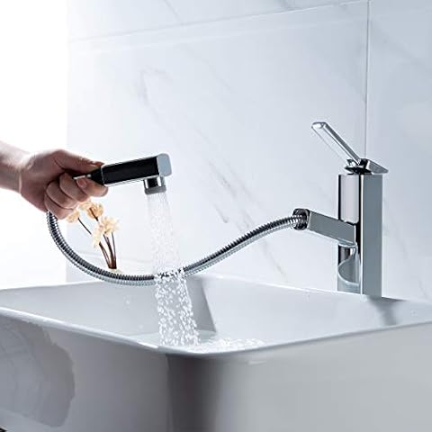 KAIYING Pull Down Bathroom Sink Faucet, Modern Lavatory Vessel Sink Faucet, Utility Single Hole Kitchen Sink Faucet with Pull Out Sprayer, Commercial Basin Mixer Tap, Brass (Tall, Chrome) Cover