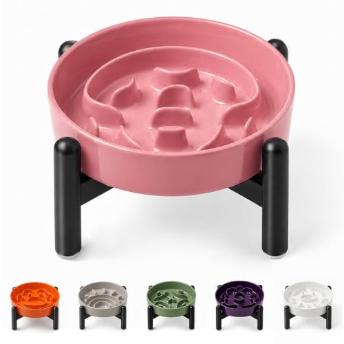 Anti-Schling-Hundenapf Keramik Erhöht - Labyrinth Fressnapf für Langsames Fressen - Antischlingnapf mit rutschfestem Ständer - Futternapf für Kleine Hunde - Höhe 10 cm - 80 g - Rosa