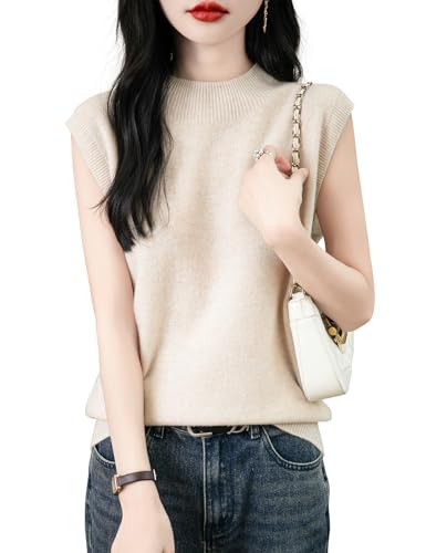 Chanyarn Damen 100% Merinowolle Pullover Frühling Herbst Winter First-Line Ready to Wear Rollkragen Nahtlos Strick Ärmellos Pullunder (Beige L)