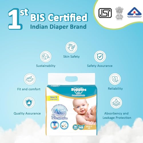 Image of Amazon Brand - Supples Premium Diaper Pants | for Newborn Babies | 36 Diapers | NB /XS | Up to 5 Kg | 12 Hrs Absorption | Cushiony Cotton Soft Fabric | Phthalates-Free | Triple Leak Guard