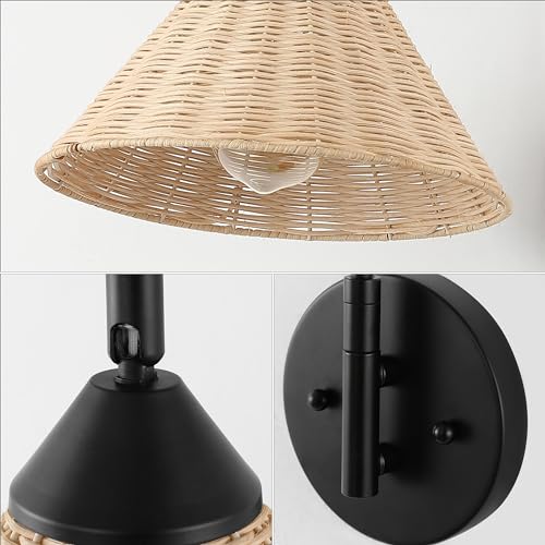 Image of JONATHAN Y 11 inch Black and Natural 1-Light Rattan and Metal Swing Arm Wall Sconce, Vintage Coastal Wall Lamp with Pivoting Head for Bedroom Reading, LED Bulb Included JYL1602A