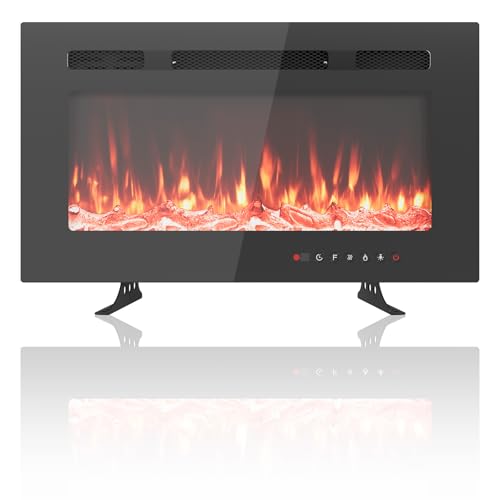 Elektrokamin Ultraflaches Kamin Wandmontiert Einbau Möglich mit Fernbedienung 1800W Heizer, 12 Farben, Timer Bis 12h, ETL-Zertifiziert für 37m², Modernes Design, Glasfront & Holz/Kristall Optik