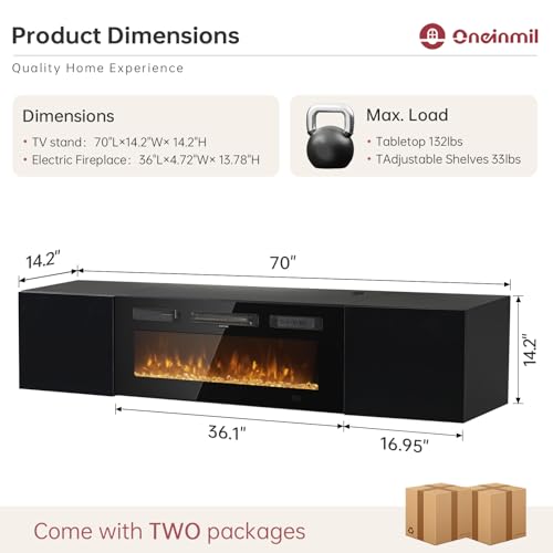 oneinmil 70" Floating TV Stand with 36" Electric Fireplace, Wall Mounted Fireplace Entertainment Center with Storage, Fire Place TV Console for Living Room, All Black