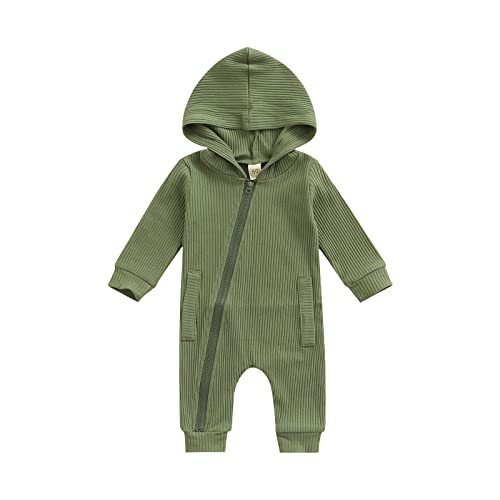 Image of Ynibbim Winter Newborn Baby Boy Girl Solid Romper Unisex Infants Hooded Outfit Clothes Cotton Ribbed Zipper Jumpsuits (Zipper - Green, 3-6 Months)