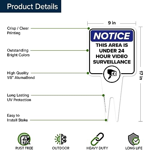 Image of Notice, This Area is Under 24 Hour Video Surveillance Sign, 9x17, Heavy Duty Integrated Ground Stakes, Indoor /Outdoor Use, Rust Free Aluminum Composite, Made in USA by My Sign center