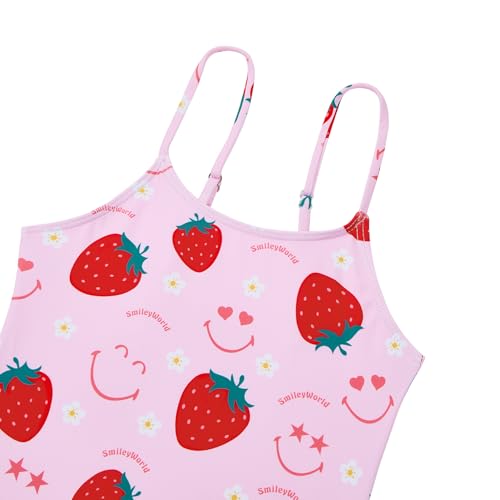 Image of Zando Girls Bathing Suit Size 8-10 - Cute Strawberry Smiley Face Bathing Suit, One Piece Kids Swimsuit with Adjustable Straps, Girls Swimsuit Size 10 for Summer Beach Vacation Swimming Course Wear
