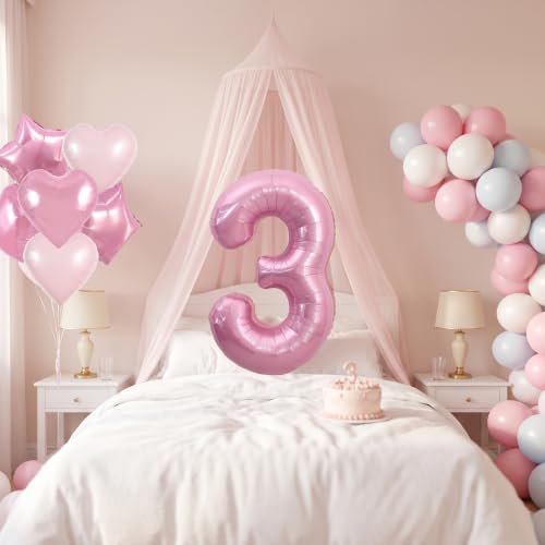 Image of TONIFUL 3rd Birthday Balloons Kit 40 Inch Pink Large Number 3 Foil Balloon