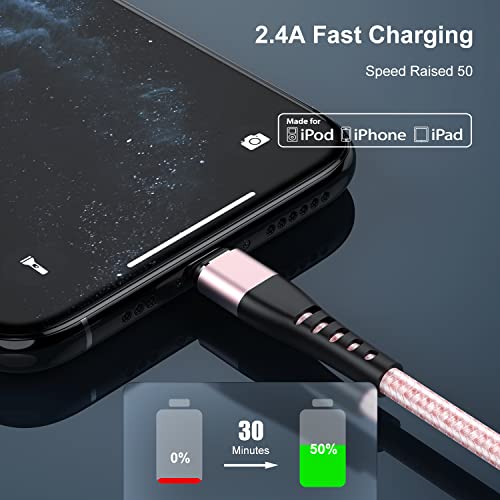 Image of Apple MFi Certified 3 Pack iPhone Charger 6ft, Essri Long Lightning Cable Strong Nylon Braided Charging Cable 6 Foot, Fast iPhone USB Cord for Apple iPhone11 / X /XS /XR /8 /7 /6 /5S /SE /iPad Mini Air (Pink)