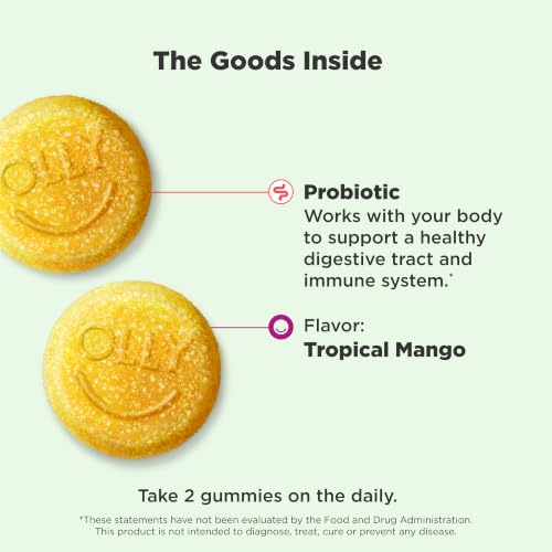 Image of OLLY Probiotic Gummy, Immune System and Digestive Support, 1 Billion CFUs, Chewable Probiotic Supplement, Mango Flavored, 40 Day Supply - 80 Count