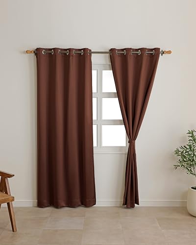 Image of The Home Story Espresso Brown Blackout Eyelet Window Curtains Set of 2, (5 Feet) 54 x 60 Inches, Room Darkening & Noise Reduction Curtains with Tiebacks