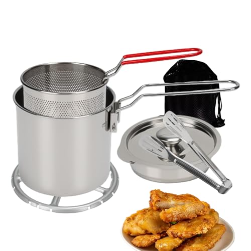 Mini freidora de 1,2 l – Olla de acero inoxidable de 7 piezas, cesta incluida | Portátil para casa, camping, picnic, fiestas, pescado, de pollo, fácil limpieza, duradero