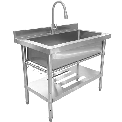 Stainless Steel Utility Sink, 39'' × 24'' × 35'' Freestanding Stainless Steel Single Bowl Laundry Sink with Pull-Out Faucet for Kitchen, Bathroom, Garage or Basement, Easy Install