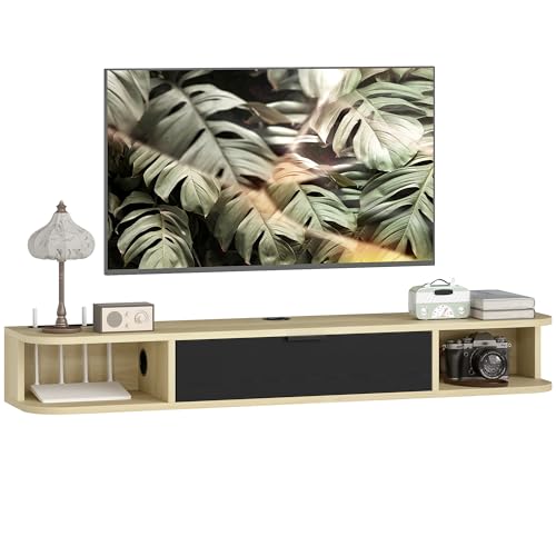 Soporte de TV de pared HOMCOM 120 cm, soporte de TV para televisores de hasta 50', cajón abatible, 2 estantes abiertos y gestión de cables, banco de TV de pared para salón, negro y efecto madera