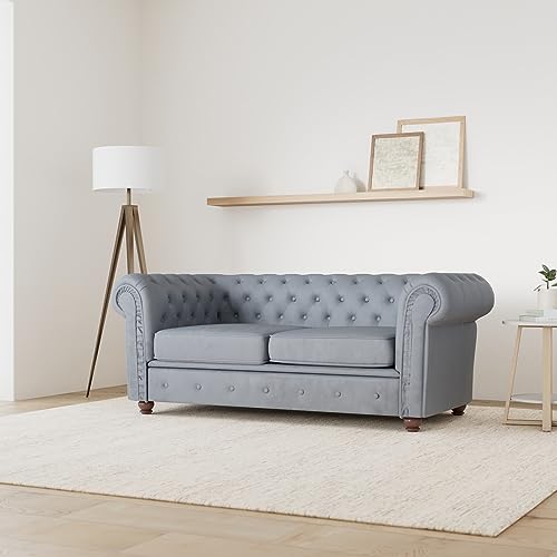 Schlafsofa Chesterfield Asti Bis 2-Sitzer, Sofa mit Schlaffunktion, Couch 2-er, Couchgarnitur, Sofagarnitur, Holzfüße, Glamour (Grau (Velvet 10)) – Bild 3