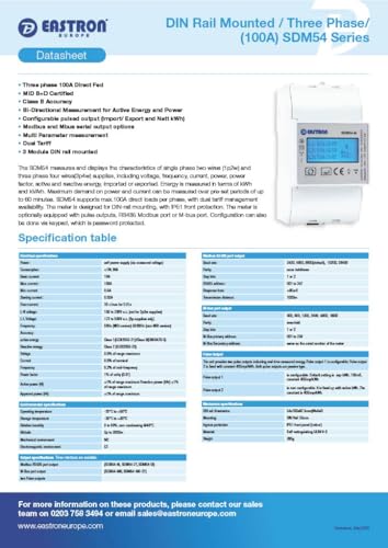 Eastron SDM54-M MID-zertifiziertes dreiphasiges 100-A-Direktanschluss-DIN-Schienen-RS485-Modbus-MID-Messgerät für EV-Ladegeräte und Solarsysteme