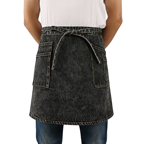 Jeanerlor Black Unisex Denim Apron for Home and Kitchen,Waist Apron with Pockets for Men Waitress, Gifts for Husband, Dad, Friends