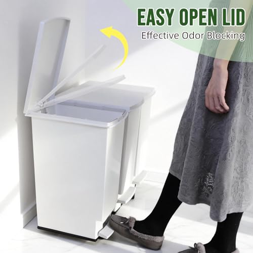 Image of Large Trash Can with Wheels and Lid, 8 Gallon Kitchen Foot Pedal Garbage Can with 360 Swivel Casters, Hands Free Step On Recycling White Trash Can - Odor Block, Durable Metal Wheel Base, 3Pack