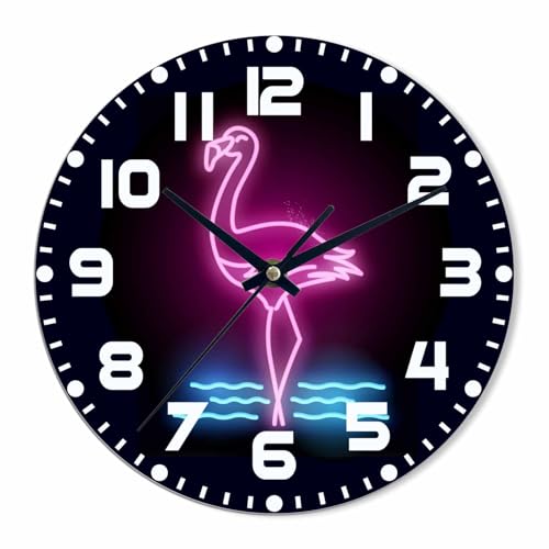 NOMEDOGYIM Neon Flamingo Wall Clock Battery Operated Glowing Pink Flamingo Wall Clock Silent Non Ticking Quality Quartz 10 Inch Round Easy Clock to Read for Home Office