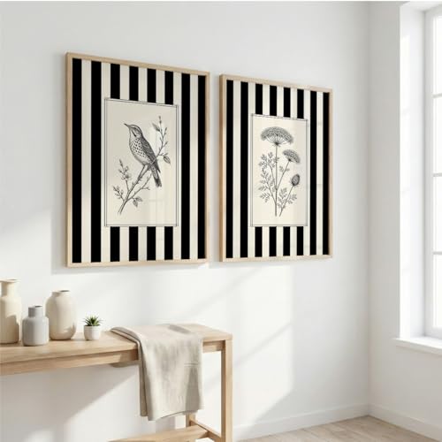 Image of Vintage Black White Wall Art Frames for Living Room Bedroom - Minimalist Botanical & Bird Stripe Wall Painting Set | Modern Aesthetic Monochrome Home Wall Decor with Wooden Frame (Art 11, 10x13 Inches)