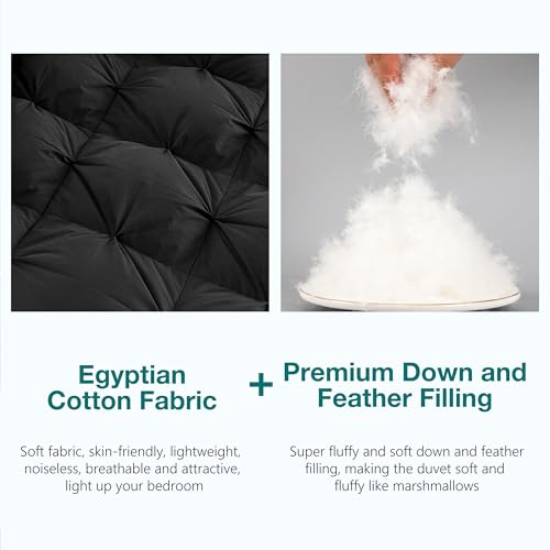Image of KAKABELL Pinch Pleat Goose Down Feather Comforter, Queen Size, All Season, Black, 90 inchx90 inch, 100% Cotton Cover