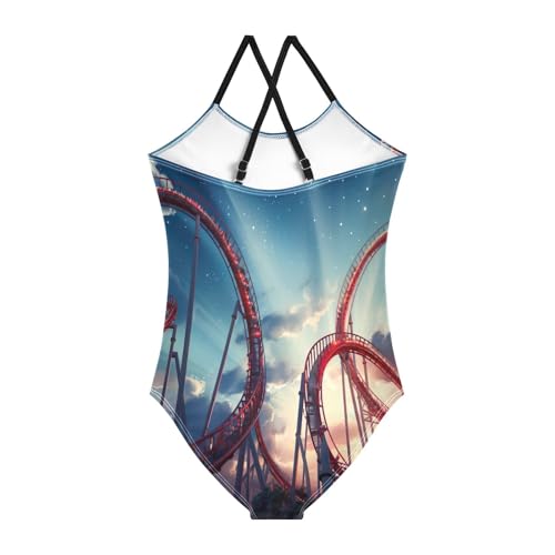 Kids Swim Suits Beach Apparel 3-10 Y with Adjustable Shoulder Strap, Red Roller Coaster2