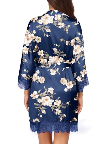 Image of Ekouaer Womens Silk Robes Short Lace Trim Satin Bride Bathrobe with Pockets