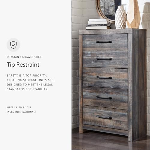 Image of Signature Design by Ashley Drystan Chest of Drawers, 5 Drawer Tall Dresser, Assembled, Engineered Wood, For Bedroom Storage, Brown Gray
