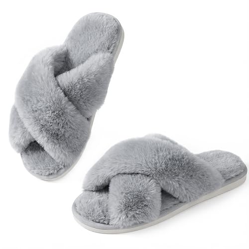 Image of Ankis Memory Foam Fuzzy Slippers for Women,Open Toe House Shoes | Faux Fur Cross Band,Indoor Outdoor Slippers, Anti-Slip, Comfy, Cozy, Fluffy, Gifts for Women, Mom Bride Bridesmaids