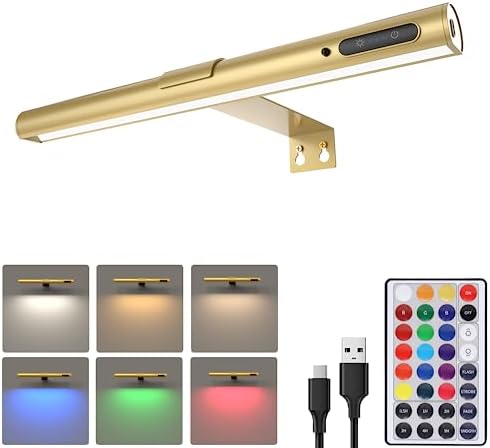 SENFAY Wireless LED Picture Light with Remote, Rechargeable Painting Light Battery Operated, 15.7" RGB Art Display Light with Timer and Dimmable, 87 LEDs, 300LM Photo Lights for Wall Gold