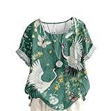 Linen Tops for Women Vintage Graphic Tees Japanese Art Style Crane Novelty Blouses Button Down Shirts Short Sleeve Lightweight T Shirt Boho Top Summer Outfit,2XL