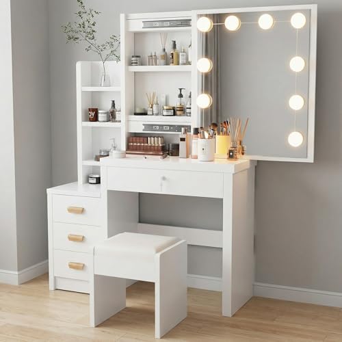 Oyajia Dressing Table with Mirror and Stool, Vanity Table with LED Lights and Adjustable Brightness, Vanity Desk with Mirror, Makeup Desk for Bedroom, For Adults Women Girls Bedroom - Image 5