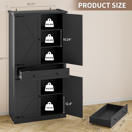 Image of BORNOON Pantry Organizers and Storage Cabinet, 67.7 inch Barn Door White Kitchen Cabinet with Drawers and Adjustable Shelf, Tall Pantry for Kitchen, Dining Room, Living Room