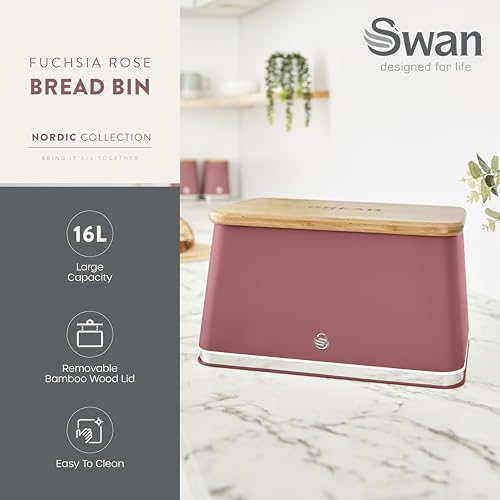 Swan Nordic SWKA18523FUS Bread Bin with Iron Body, Non-Slip Base, Stylish Soft Touch Matt Finish and Acacia Wood Pull Up Lid, 16L, Fuchsia Rose - Cosy Home Interiors Swan Nordic SWKA18523FUS Bread Bin with Iron Body, Non-Slip Base, Stylish Soft Touch Matt Finish and Acacia Wood Pull Up Lid, 16L, Fuchsia Rose - Image 2