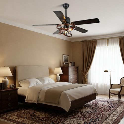 Image of Dawn Whisper 52 Inch Farmhouse Ceiling Fans with Lights Modern Black Rustic Chandeleir Ceiling Fan for Living Room Bedroom Reversible DC Motor 6 Speeds