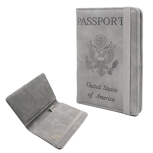 Melsbrinna Premium Leather Passport Holder Covers Case, Waterproof Rfid Blocking Travel Wallet Passport Holder with Pen Holder, Cute Passport Book for Women/Men (Elastic, ELA-GREY)